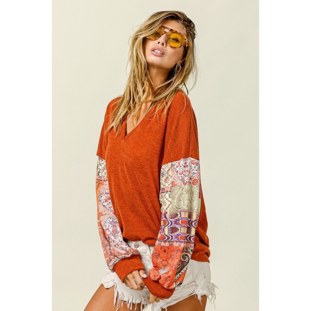 NEW! Bibi V Neck Rust Butter Soft Top w/Patchwork Sleeves! - Picture 7 of 10